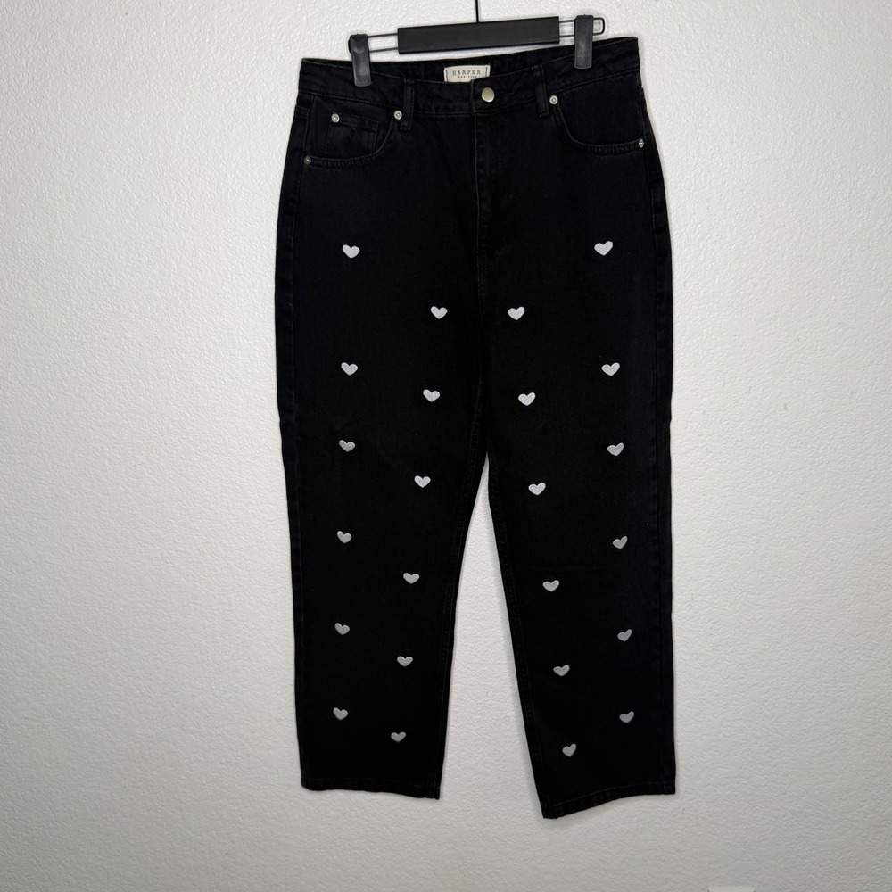 Harper Heritage Black Heart Embroidered Straight Leg Jeans Womens 29 High Rise